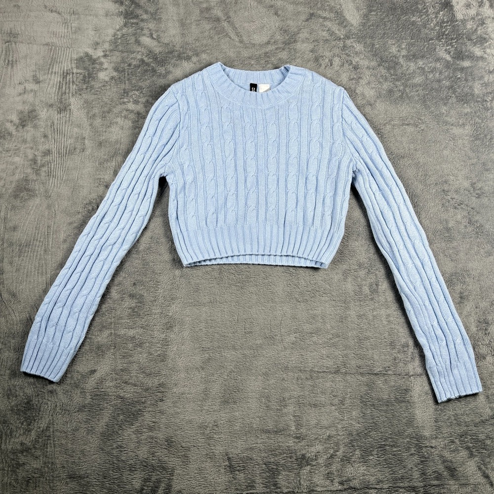 H&M Divided Cropped Sweater Women XS Light Blue Cable Knit Ribbed Trim Crew Neck